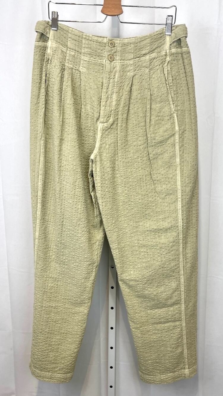 FREE PEOPLE Thin Line Pleated Pants Button Fly High Rise Relaxed Beige Green 12